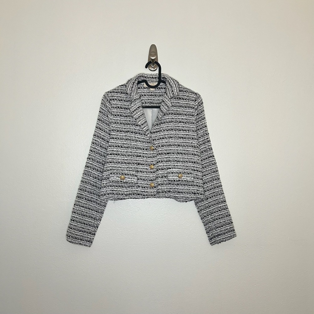 Monteau LA Women's Cropped Tweed Jacket Black White Textured Gold Buttons Sz XS